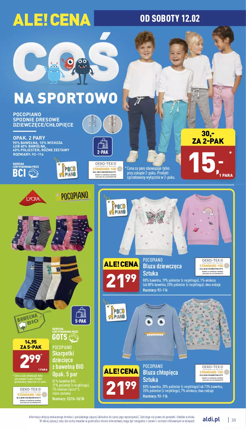 Gazetka promocyjna Aldi - Pełny katalog - ważna 07.02 do 12.02.2022 - strona 35 - produkty: Bluza, Dres, Dzieci, Karp, Pocopiano, Por, Skarpetki, Spodnie, Spodnie dresowe, Sport, Wełna