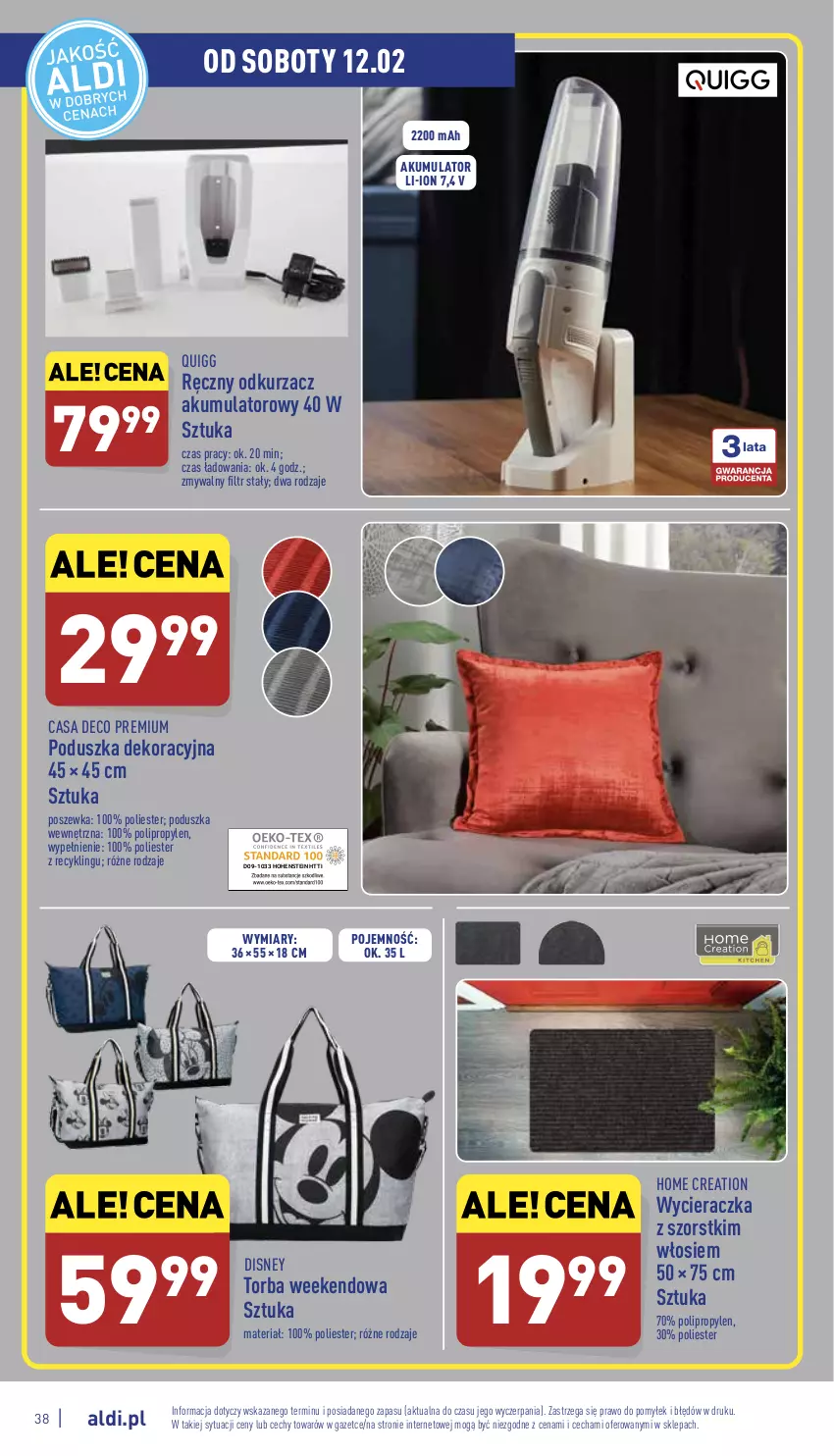 Gazetka promocyjna Aldi - Pełny katalog - ważna 07.02 do 12.02.2022 - strona 38 - produkty: Akumulator, Disney, Odkurzacz, Poduszka, Poduszka dekoracyjna, Poszewka, Torba, Wycieraczka