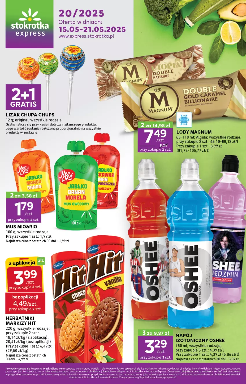 Gazetka promocyjna  - Stokrotka Express - ważna 15.05 do 21.05.2025 - strona 1 - produkty: Algida, Gin, Gra, Herbatniki, LG, Lody, Mięso, Mus, Oshee, Owoce, Por, Warzywa