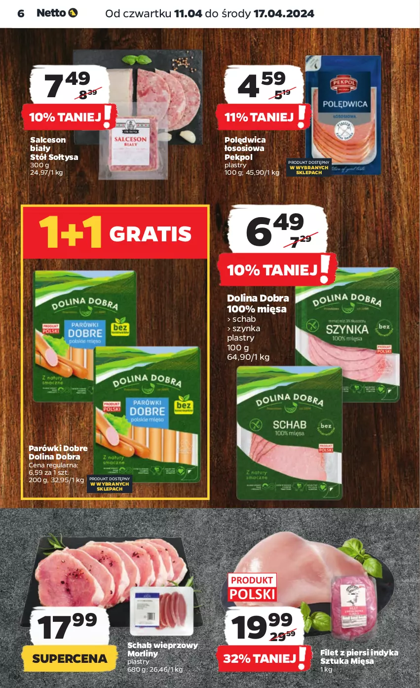 Gazetka promocyjna Netto - Artykuły spożywcze - ważna 11.04 do 17.04.2024 - strona 6 - produkty: Filet z piersi indyka, Gra, Morliny, Parówki, Pekpol, Polędwica, Salceson, Schab wieprzowy, Sos, Stół, Szynka