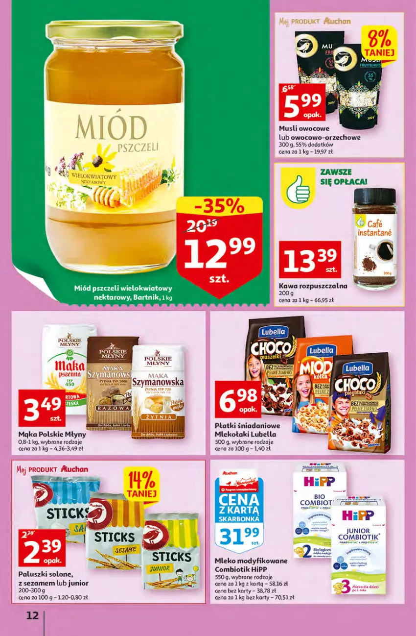 Gazetka promocyjna Auchan - Gazetka przeNISKIE CENY – przeKorzyści z markami Auchan Hipermarkety - ważna 29.09 do 05.10.2022 - strona 12 - produkty: Bell, Bella, Danio, Fa, HiPP, Kawa, Kawa rozpuszczalna, Lubella, Mąka, Miód, Mleko, Mus, Nektar, Polskie Młyny, Sezam