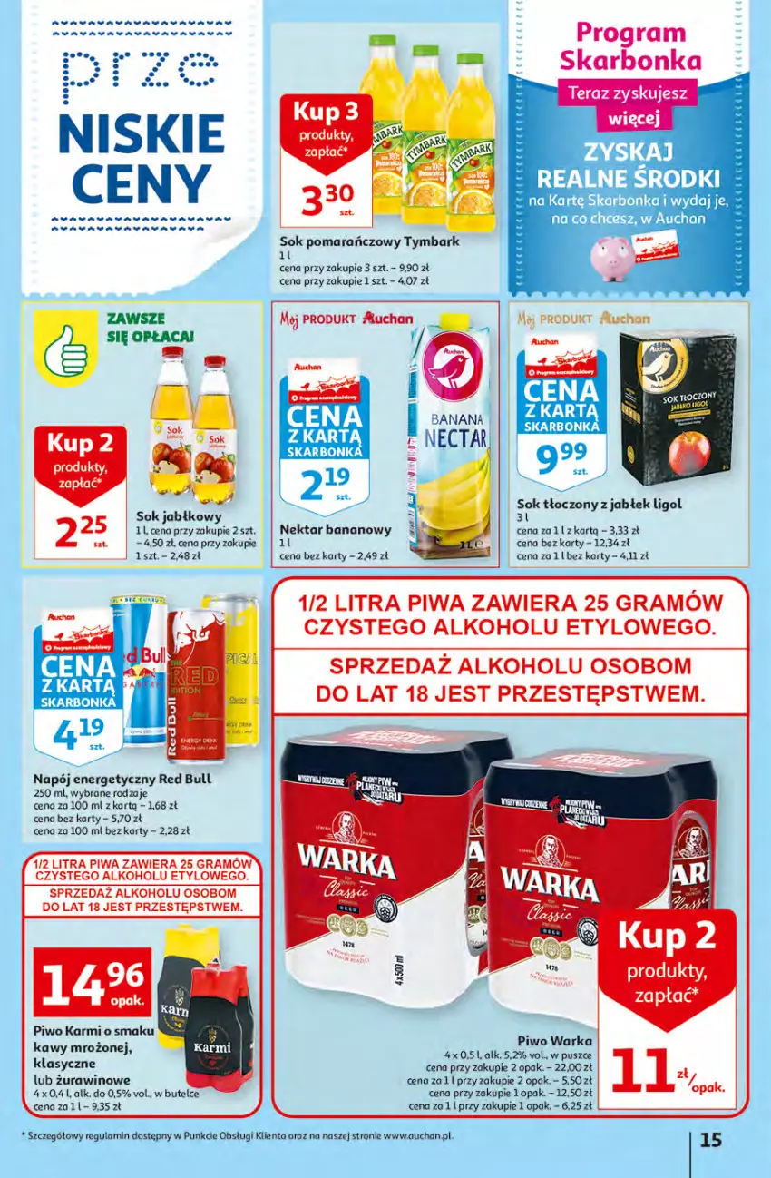 Gazetka promocyjna Auchan - Gazetka przeNISKIE CENY – przeKorzyści z markami Auchan Hipermarkety - ważna 29.09 do 05.10.2022 - strona 15 - produkty: Gra, Karmi, Ligol, Napój, Napój energetyczny, Nektar, Nektar bananowy, Piwa, Piwo, Red Bull, Sok, Sok jabłkowy, Sok pomarańczowy, Tera, Tymbark, Warka, Wino