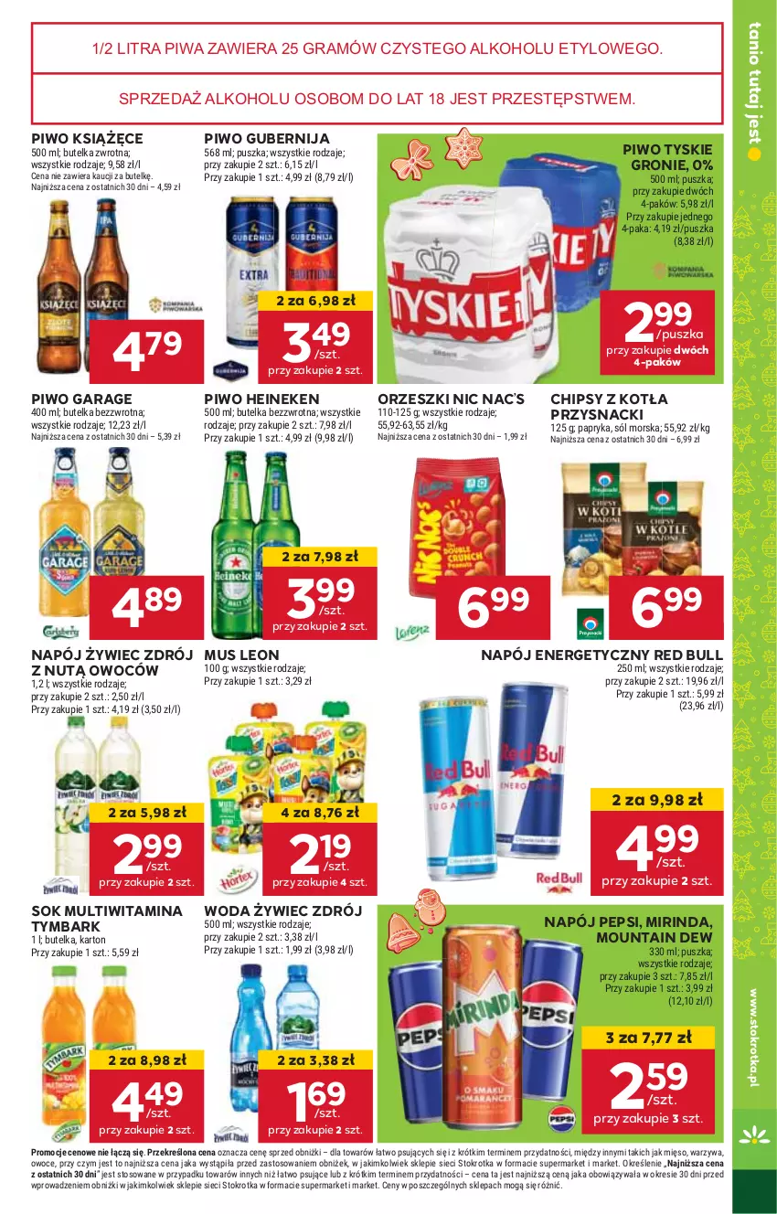 Gazetka promocyjna Stokrotka - Supermarket - ważna 14.11 do 20.11.2024 - strona 25 - produkty: Chipsy, Gra, Heineken, HP, Książęce, Leon, Mirinda, Mus, Napój, Napój energetyczny, Orzeszki, Pepsi, Piwa, Piwo, Przysnacki, Red Bull, Sok, Tymbark, Tyskie, Woda