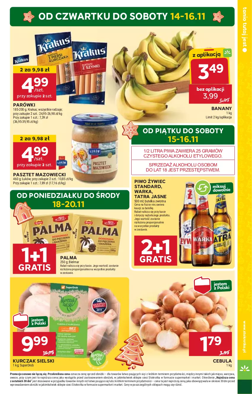 Gazetka promocyjna Stokrotka - Supermarket - ważna 14.11 do 20.11.2024 - strona 3 - produkty: Banany, Cebula, Gra, HP, Kurczak, Palma, Parówki, Pasztet, Piwa, Piwo, Tatra, Warka