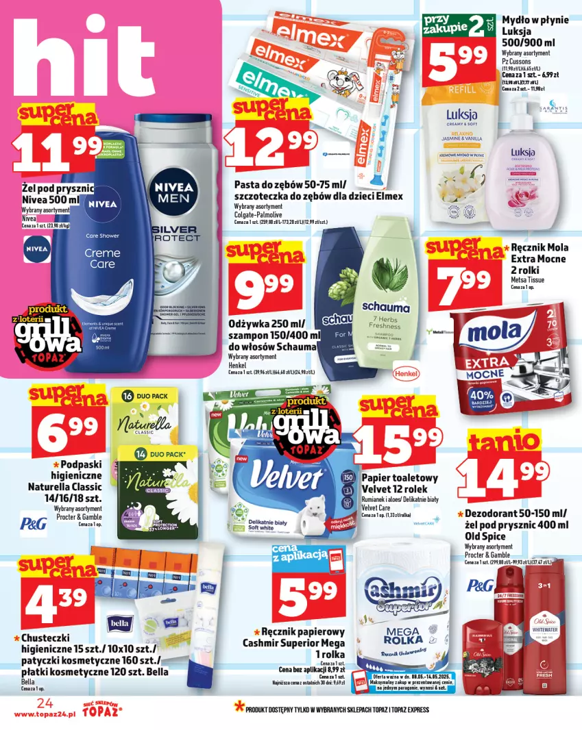 Gazetka promocyjna Topaz - Gazetka - ważna 08.05 do 14.05.2025 - strona 24 - produkty: Bell, Bella, Chusteczki, Colgate, Dezodorant, Dzieci, Elmex, LG, Luksja, Mola, Mydło, Mydło w płynie, Naturell, Naturella, Nivea, Odżywka, Old Spice, Palmolive, Papier, Papier toaletowy, Pasta do zębów, Patyczki kosmetyczne, Płatki kosmetyczne, Podpaski, Ręcznik, Rolki, Rum, Schauma, Szampon, Szczoteczka, Szczoteczka do zębów, Top, Velvet