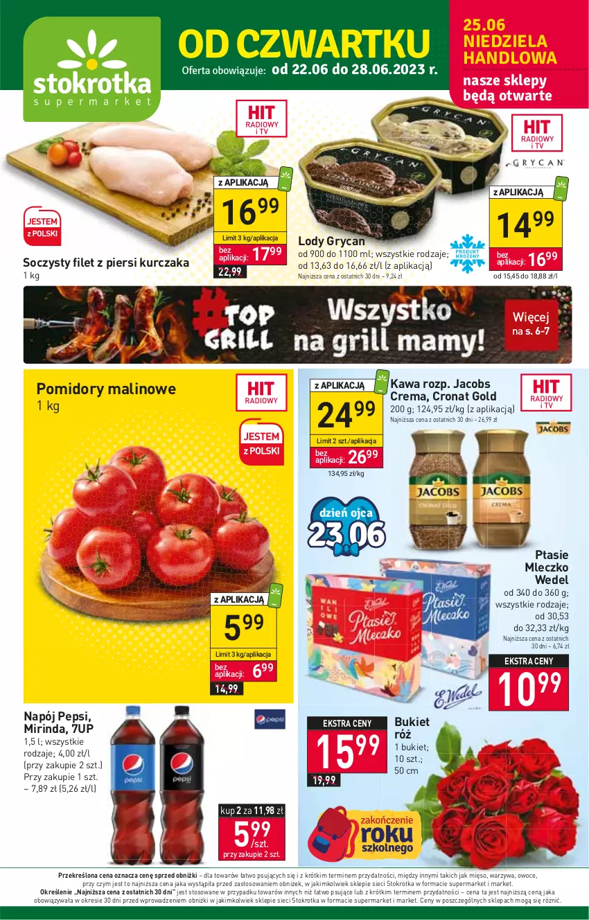 Gazetka promocyjna Stokrotka - Supermarket - ważna 22.06 do 28.06.2023 - strona 1 - produkty: 7up, Bukiet, Filet z piersi kurczaka, Gry, Jacobs, Kawa, Kurczak, Lody, Mięso, Mirinda, Mleczko, Napój, Owoce, Pepsi, Pomidory, Ptasie mleczko, Warzywa