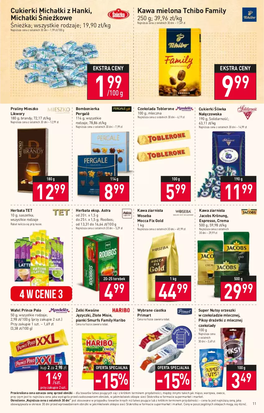 Gazetka promocyjna Stokrotka - Supermarket - ważna 22.06 do 28.06.2023 - strona 12 - produkty: Brandy, Ciastka, Cukier, Cukierki, Czekolada, Fa, Haribo, Herbata, Jacobs, Jacobs Krönung, Kawa, Kawa mielona, Kawa ziarnista, Michałki, Mięso, Mocca Fix Gold, Orzeszki, Owoce, Praliny, Prima, Prince Polo, Tchibo, Tchibo Family, Toblerone, Warzywa, Woseba