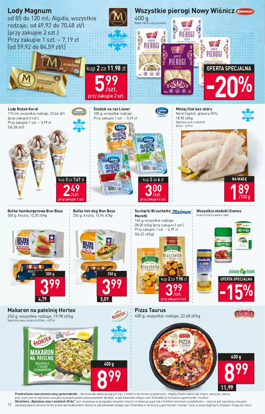 Gazetka promocyjna Stokrotka - Supermarket - ważna 22.06 do 28.06.2023 - strona 13 - produkty: Algida, Bruschette, Bułka, Bułka hamburger, Burger, Glazura, Gra, Hamburger, Hortex, Lazur, LG, Lisner, Lody, Makaron, Mięso, Mintaj, Owoce, Pierogi, Piwa, Pizza, Warzywa