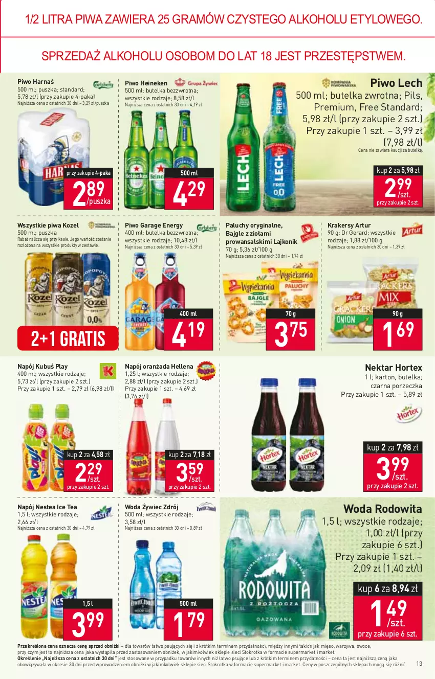 Gazetka promocyjna Stokrotka - Supermarket - ważna 22.06 do 28.06.2023 - strona 14 - produkty: Artur, Bajgle, Dr Gerard, Gin, Gra, Harnaś, Heineken, Hellena, Hortex, Ice tea, Kozel, Krakersy, Kubuś, Lajkonik, Mięso, Napój, Nektar, Nestea, Oranżada, Owoce, Piwa, Piwo, Por, Warzywa, Woda