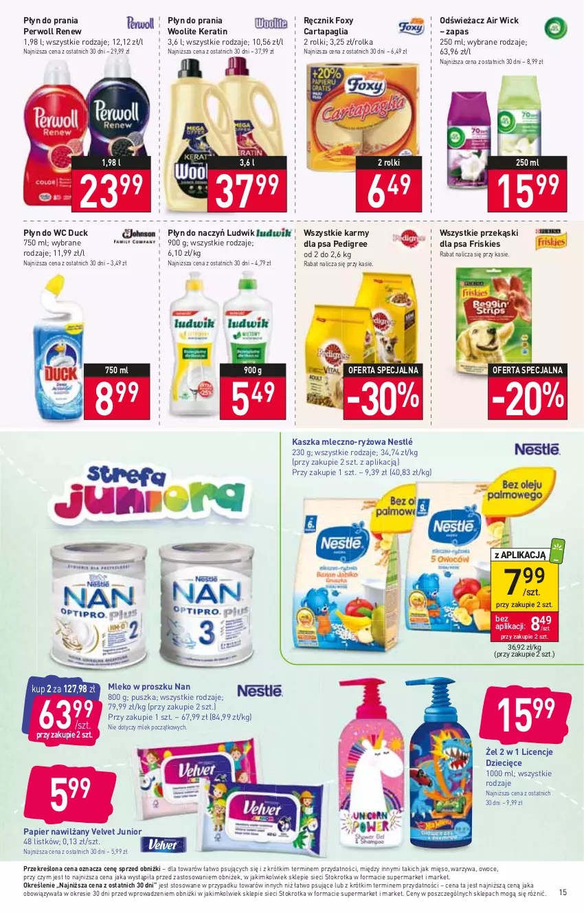 Gazetka promocyjna Stokrotka - Supermarket - ważna 22.06 do 28.06.2023 - strona 16 - produkty: Air Wick, Duck, Dzieci, Foxy, Friskies, Ludwik, Mięso, Mleko, Mleko w proszku, Nestlé, Owoce, Papier, Pedigree, Perwoll, Płyn do prania, Płyn do wc, Przekąski dla psa, Ręcznik, Rolki, Ryż, Velvet, Warzywa, Woolite