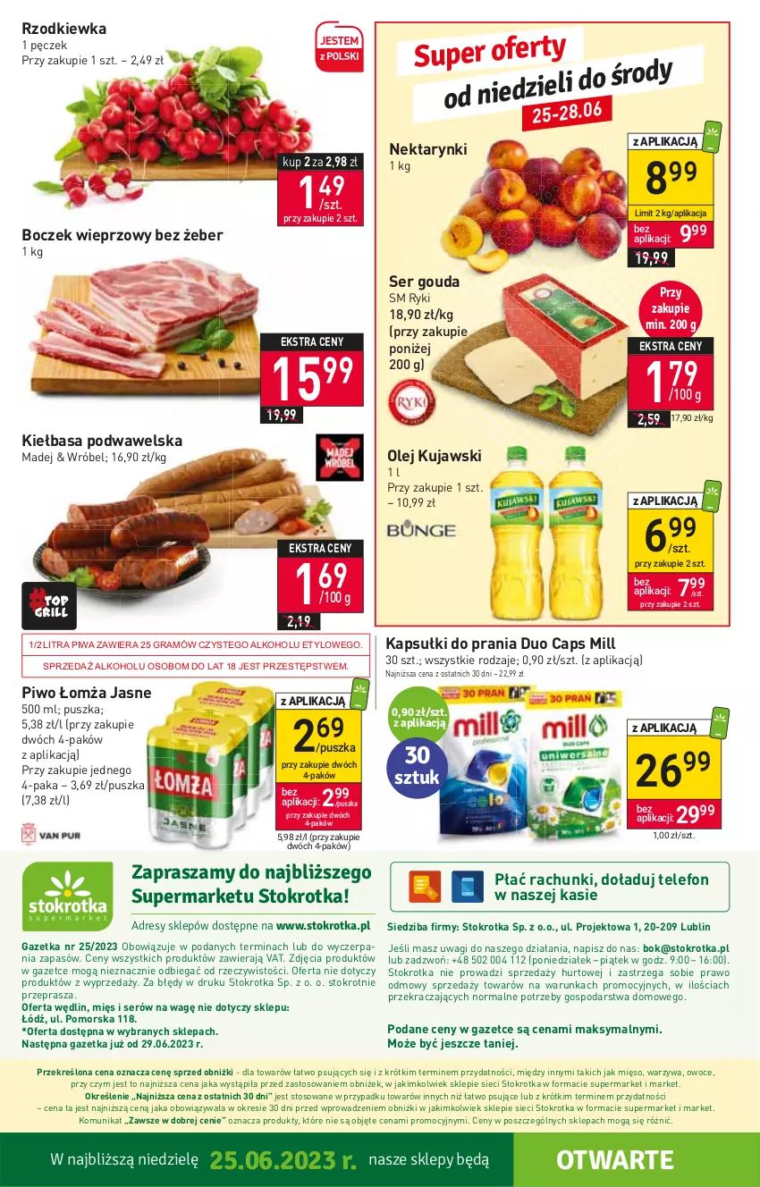 Gazetka promocyjna Stokrotka - Supermarket - ważna 22.06 do 28.06.2023 - strona 18 - produkty: Boczek, Boczek wieprzowy, Gouda, Gra, Kapsułki do prania, Kiełbasa, Kiełbasa podwawelska, Kujawski, Mięso, Nektar, O nas, Olej, Owoce, Piwa, Piwo, Rzodkiewka, Ser, Telefon, Wagi, Warzywa, Wawel