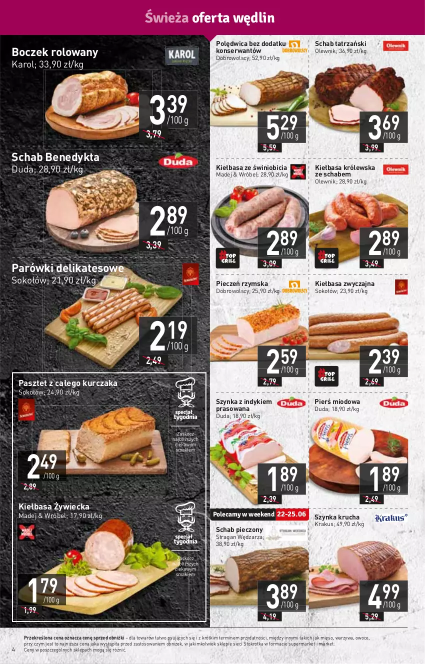 Gazetka promocyjna Stokrotka - Supermarket - ważna 22.06 do 28.06.2023 - strona 4 - produkty: BIC, Boczek, Duda, HP, Kiełbasa, Krakus, Kurczak, Mięso, Olewnik, Owoce, Parówki, Pasztet, Piec, Pieczeń rzymska, Polędwica, Schab Benedykta, Schab pieczony, Ser, Sok, Sokołów, Szynka, Warzywa