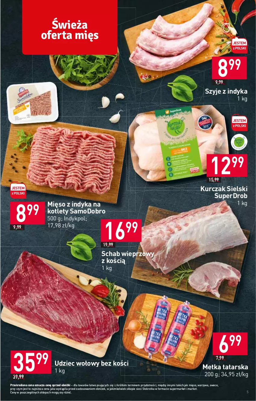 Gazetka promocyjna Stokrotka - Supermarket - ważna 22.06 do 28.06.2023 - strona 5 - produkty: Kotlet, Kurczak, Metka tatarska, Mięso, Mięso z indyka, Owoce, Schab wieprzowy, Udziec wołowy, Warzywa