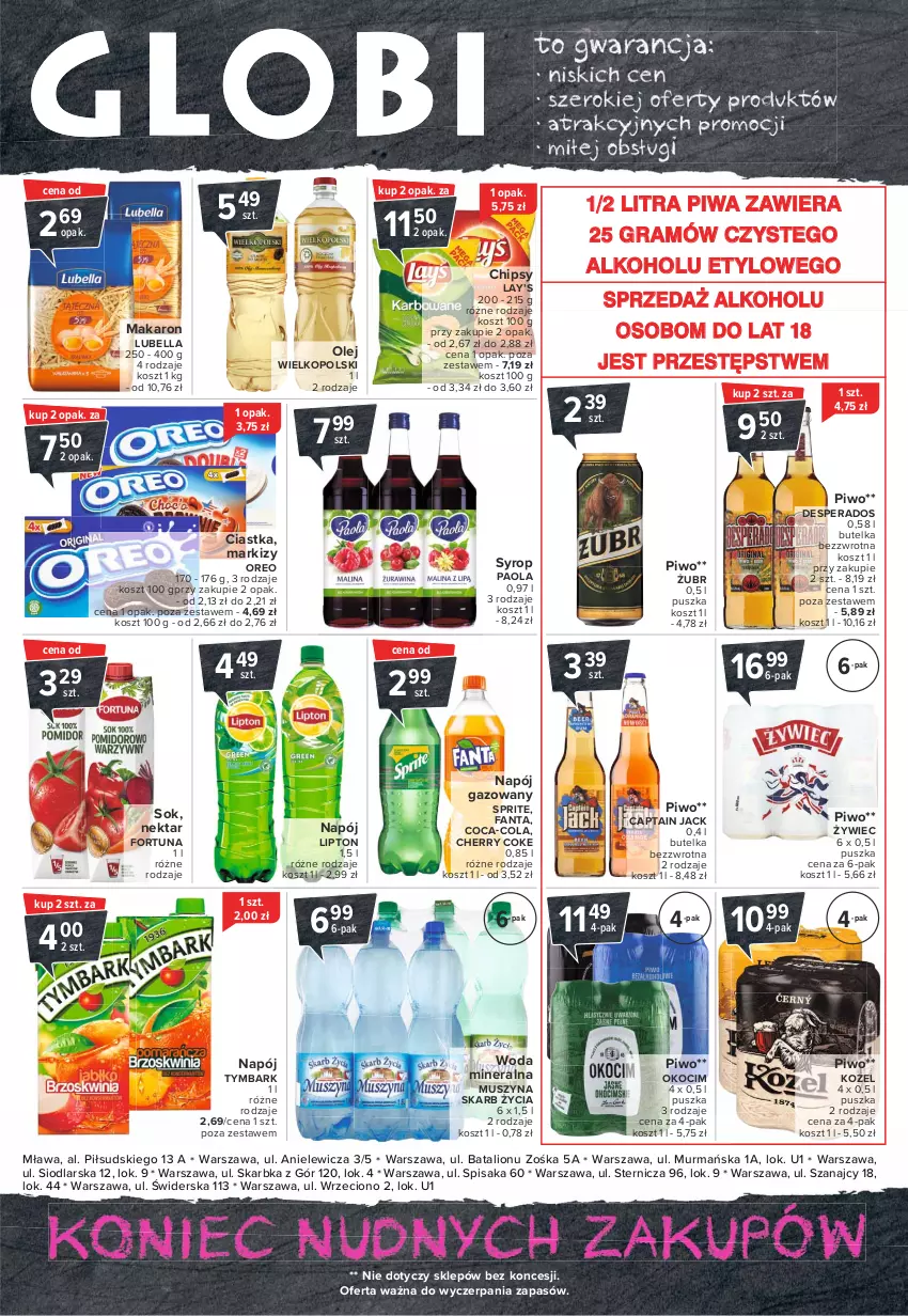 Gazetka promocyjna Carrefour - Gazetka Globi - ważna 08.03 do 15.03.2021 - strona 2 - produkty: Bell, Bella, Captain Jack, Chipsy, Ciastka, Coca-Cola, Desperados, Fa, Fanta, Fortuna, Gra, Koc, Kosz, Kozel, Lay’s, Lion, Lipton, Lubella, Makaron, Mus, Napój, Napój gazowany, Nektar, Okocim, Olej, Oreo, Paola, Piwa, Piwo, Sok, Sprite, Syrop, Szyna, Tymbark, Woda, Woda mineralna