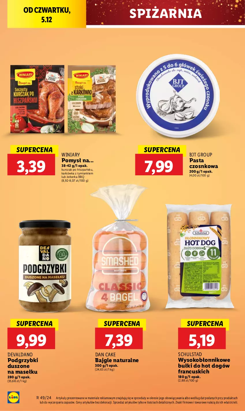 Gazetka promocyjna Lidl - GAZETKA - ważna 05.12 do 07.12.2024 - strona 54 - produkty: Bajgle, Bułki do hot dogów, Dan Cake, Hot dog, Kurczak, Podgrzybki, Sok, Winiary