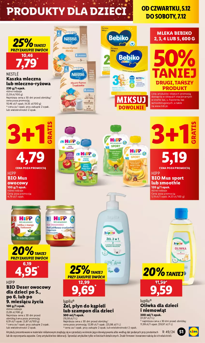 Gazetka promocyjna Lidl - GAZETKA - ważna 05.12 do 07.12.2024 - strona 57 - produkty: Bebiko, Deser, Deser owocowy, Dzieci, Gra, HiPP, Hipp Bio, Mus, Nestlé, Oliwka dla dzieci, Płyn do kąpieli, Por, Ryż, Ser, Smoothie, Sport, Szampon