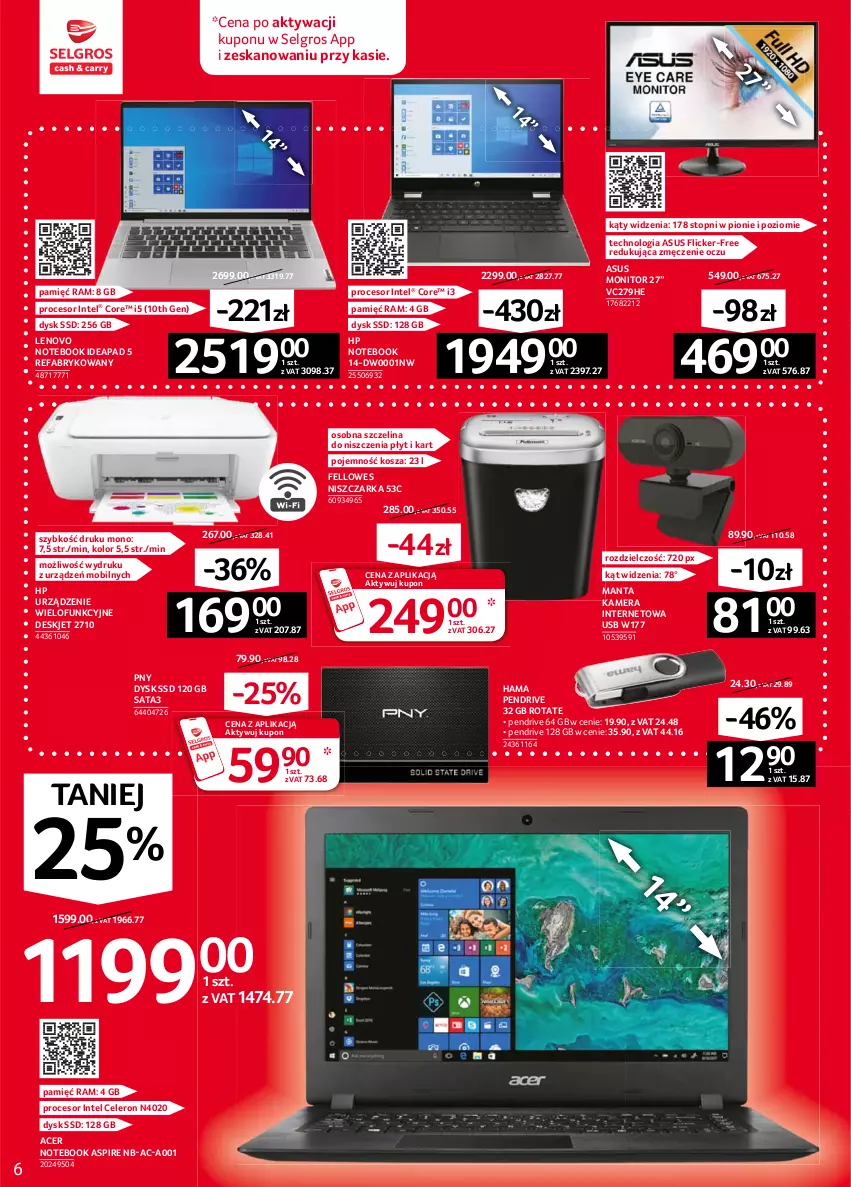 Gazetka promocyjna Selgros - Oferta przemysłowa - ważna 04.02 do 17.02.2021 - strona 6 - produkty: Acer, Asus, Fa, Hama, HP, Intel, Kamera, Kamera internetowa, Kosz, Lenovo, LG, Manta, Mobil, Monitor, Niszczarka, Notebook, Pendrive, Procesor, Top, Urządzenie wielofunkcyjne