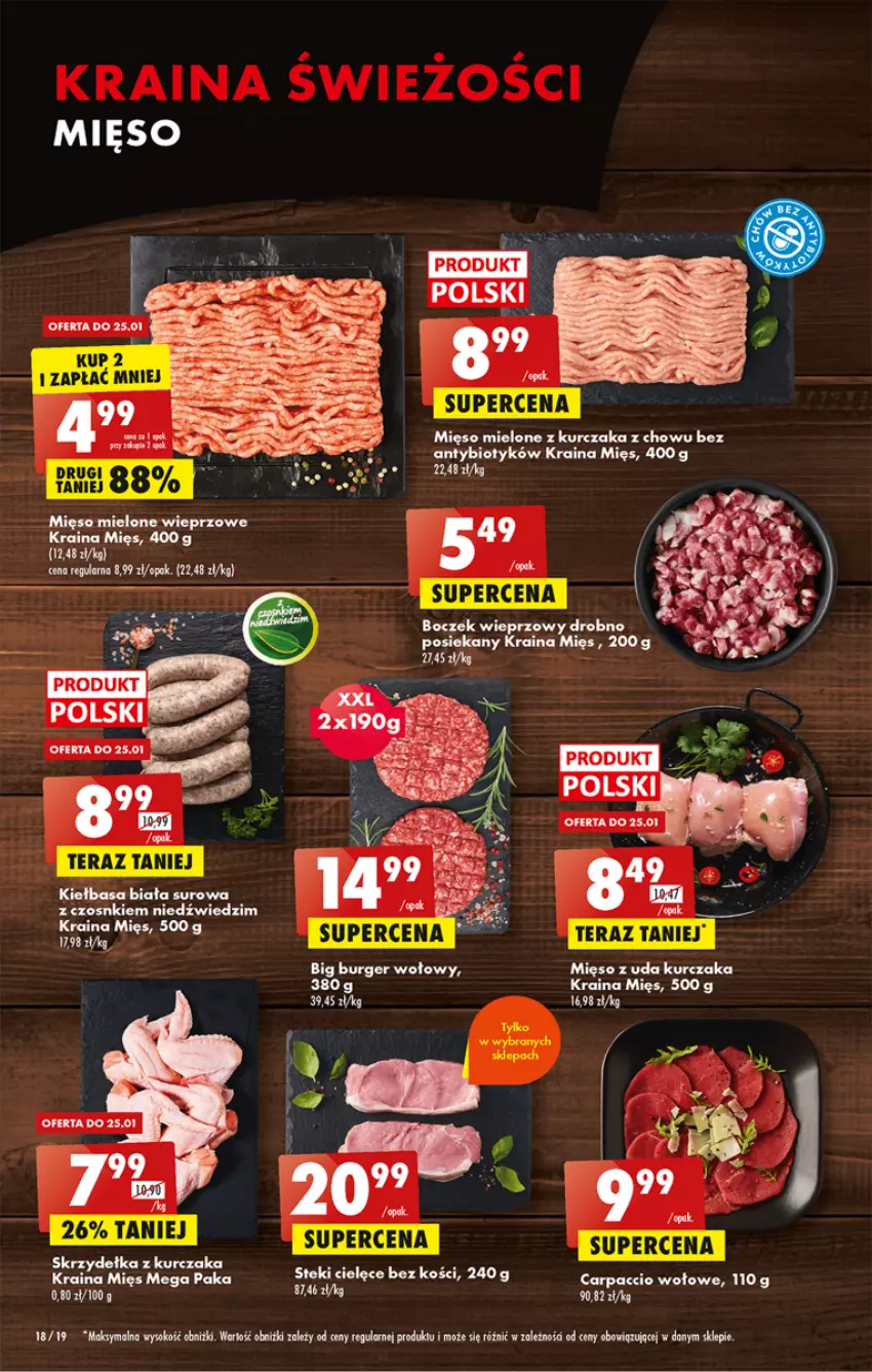 Gazetka promocyjna Biedronka - Gazetka - Biedronka.pl - ważna 23.01 do 28.01.2023 - strona 18 - produkty: Boczek, Boczek wieprzowy, Burger, Carpaccio, Kiełbasa, Kiełbasa biała, Kurczak, Mięso, Mięso mielone, Mięso z uda kurczaka, Ser, Skrzydełka z kurczaka, Sok, Tera