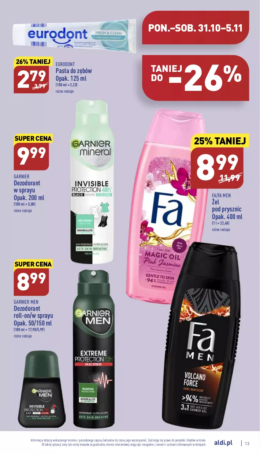 Gazetka promocyjna Aldi - Pełny katalog - ważna 31.10 do 05.11.2022 - strona 13 - produkty: Dezodorant, Fa, Garnier, Pasta do zębów