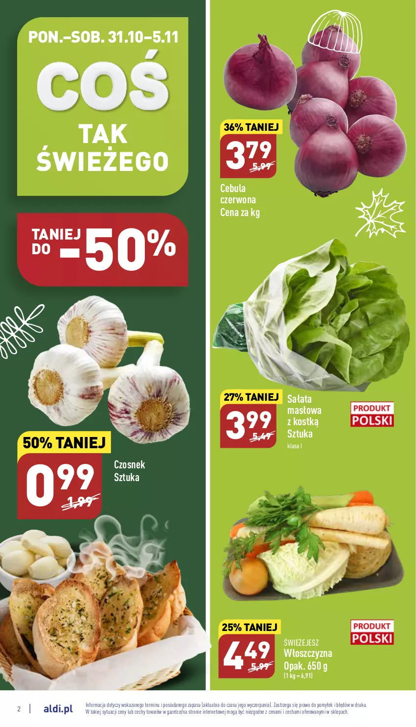 Gazetka promocyjna Aldi - Pełny katalog - ważna 31.10 do 05.11.2022 - strona 2 - produkty: Cebula, Cebula czerwona, Czosnek, Masło, Sałat