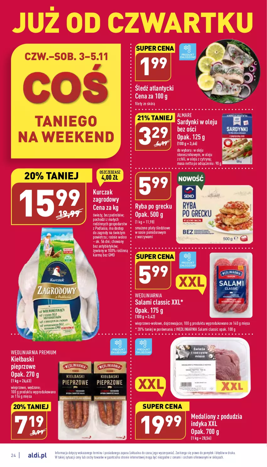 Gazetka promocyjna Aldi - Pełny katalog - ważna 31.10 do 05.11.2022 - strona 24 - produkty: Kiełbaski pieprzowe, Kurczak, Lion, Olej, Pieprz, Płaty śledziowe, Por, Ryba, Ryba po grecku, Salami, Sardynki, Sos, Warzywa