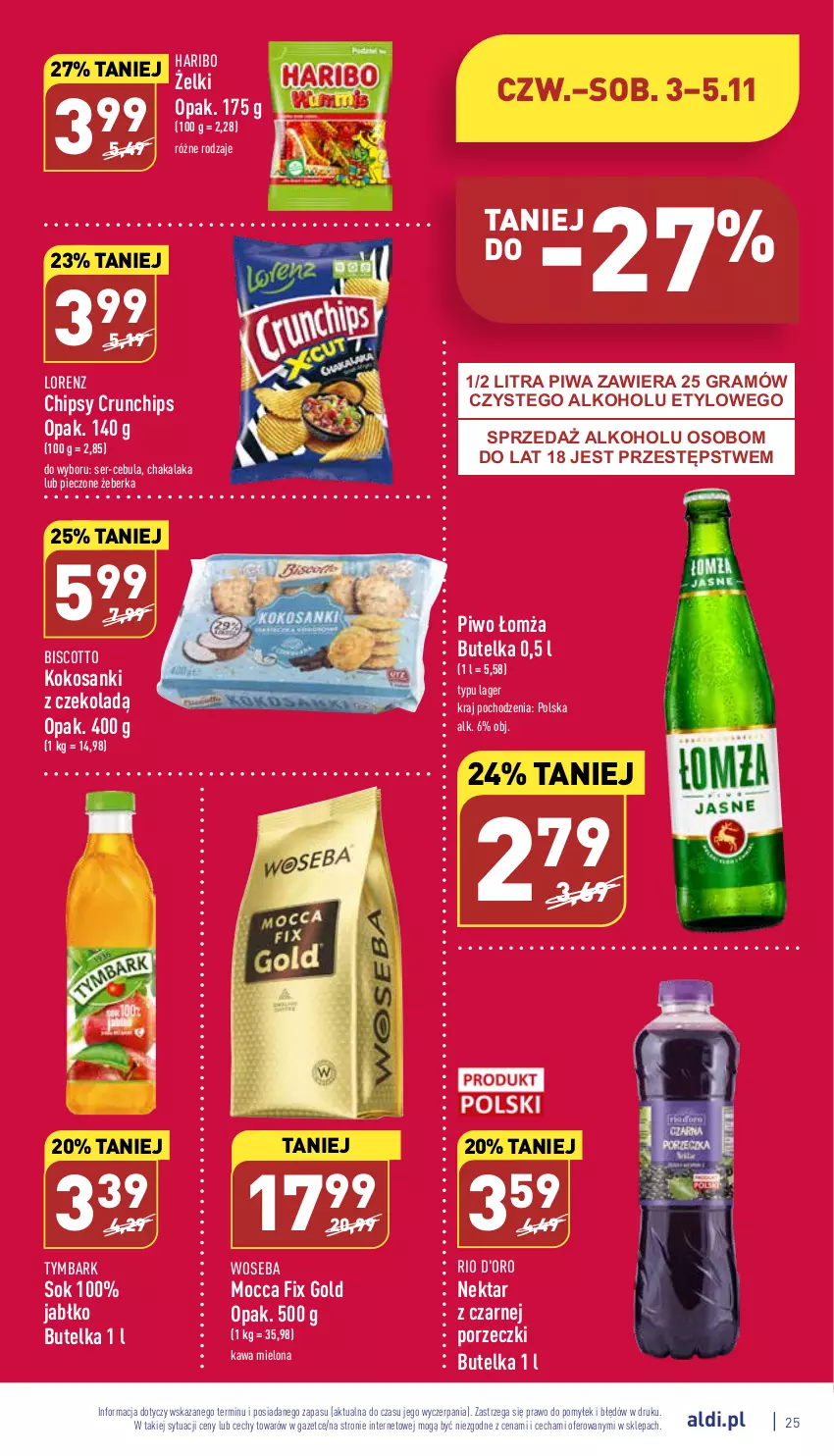 Gazetka promocyjna Aldi - Pełny katalog - ważna 31.10 do 05.11.2022 - strona 25 - produkty: Cebula, Chipsy, Crunchips, Gra, Haribo, Kawa, Kawa mielona, Kokos, Lorenz, Mocca Fix Gold, Nektar, Piec, Piwa, Piwo, Por, Sanki, Ser, Sok, Tymbark, Woseba