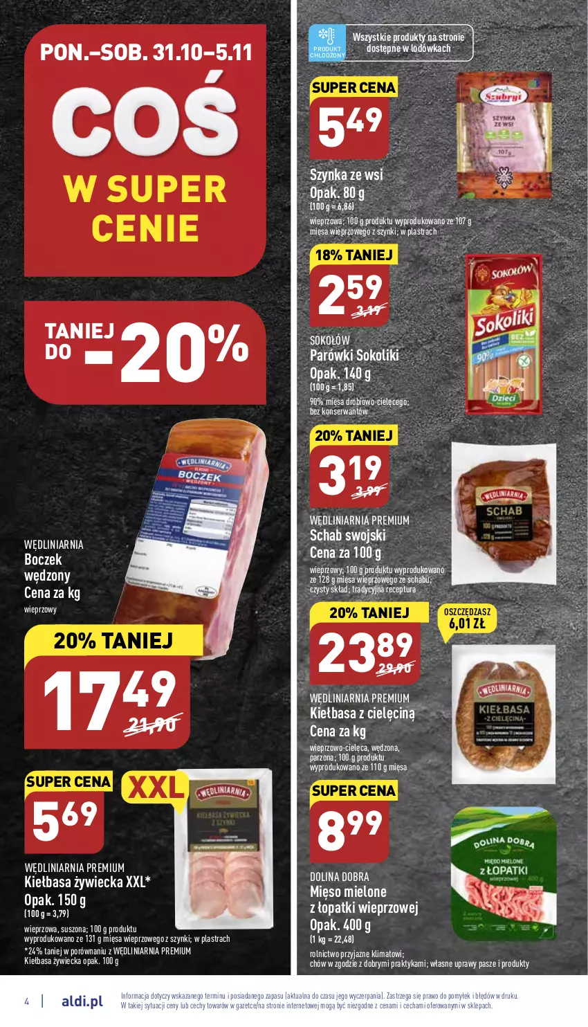 Gazetka promocyjna Aldi - Pełny katalog - ważna 31.10 do 05.11.2022 - strona 4 - produkty: Boczek, Kiełbasa, Lodówka, Mięso, Mięso mielone, Mięso mielone z łopatki wieprzowej, Parówki, Parówki sokoliki, Por, Ser, Sok, Sokołów, Szynka