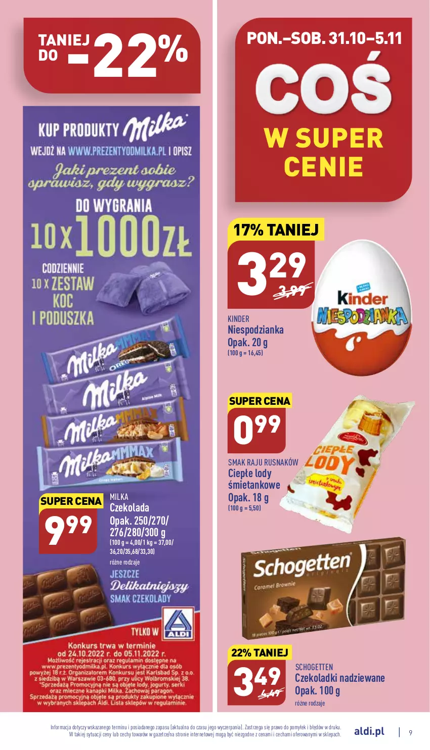 Gazetka promocyjna Aldi - Pełny katalog - ważna 31.10 do 05.11.2022 - strona 9 - produkty: Ciepłe lody, Czekolada, Kinder, Lody, Milka, Schogetten