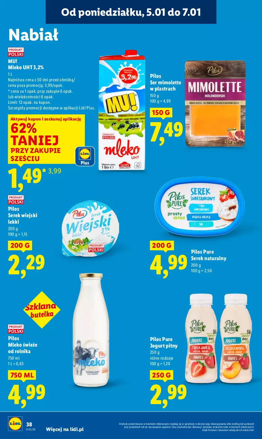 Gazetka promocyjna Lidl - GAZETKA - ważna 05.01 do 07.01.2026 - strona 40 - produkty: Jogurt, Jogurt pitny, LANA, Mimolette, Mleko, Pilos, Pur, Rolnik, Ser, Serek, Serek naturalny, Serek wiejski