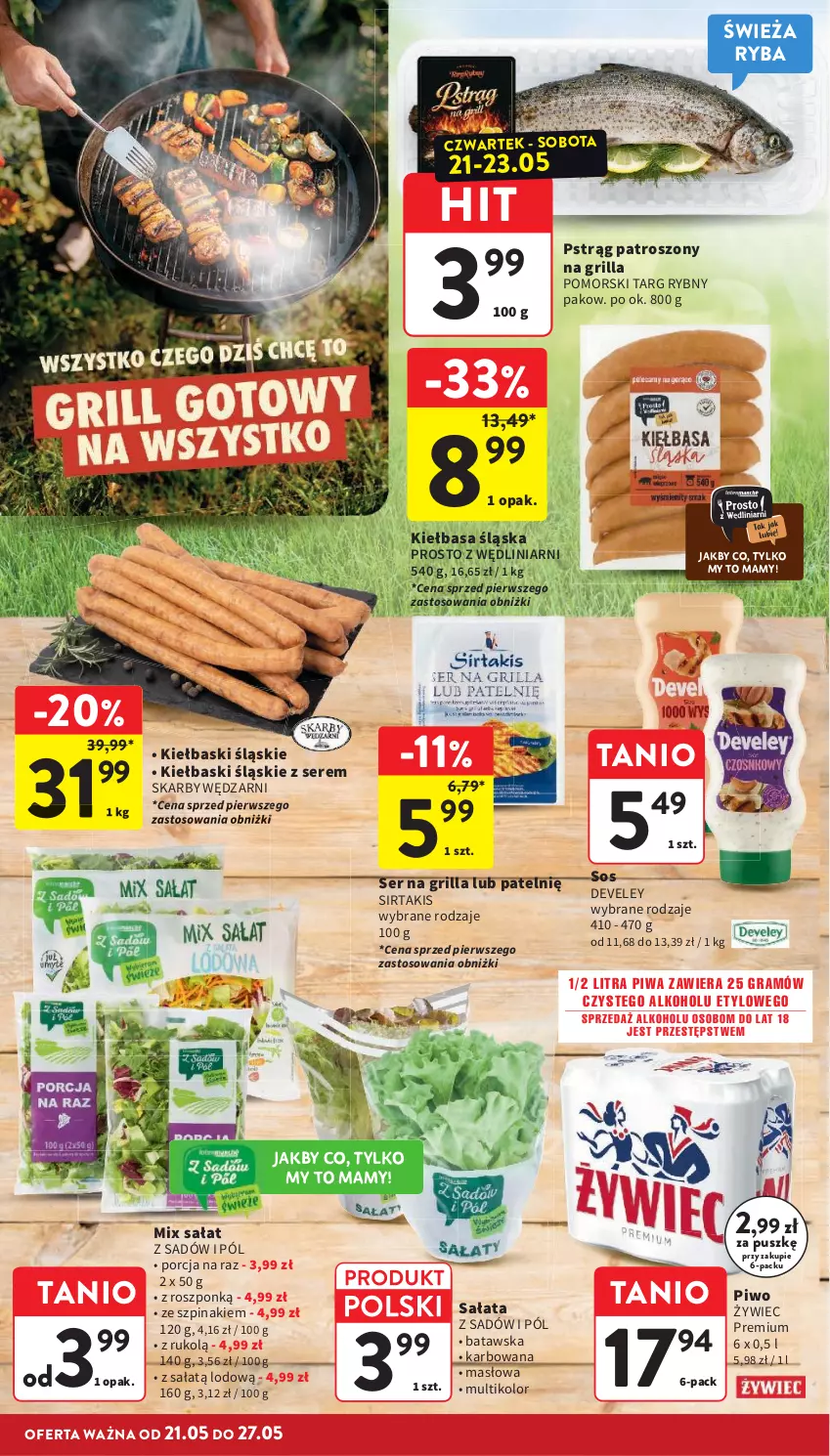 Gazetka promocyjna Intermarche - Gazetka Intermarche - ważna 21.05 do 27.05.2026 - strona 14 - produkty: Gra, Grill, Kiełbasa, Kiełbasa śląska, Kiełbaski śląskie, Masło, Piwa, Piwo, Por, Pstrąg, Ryba, Sałat, Ser, Sos, Szpinak