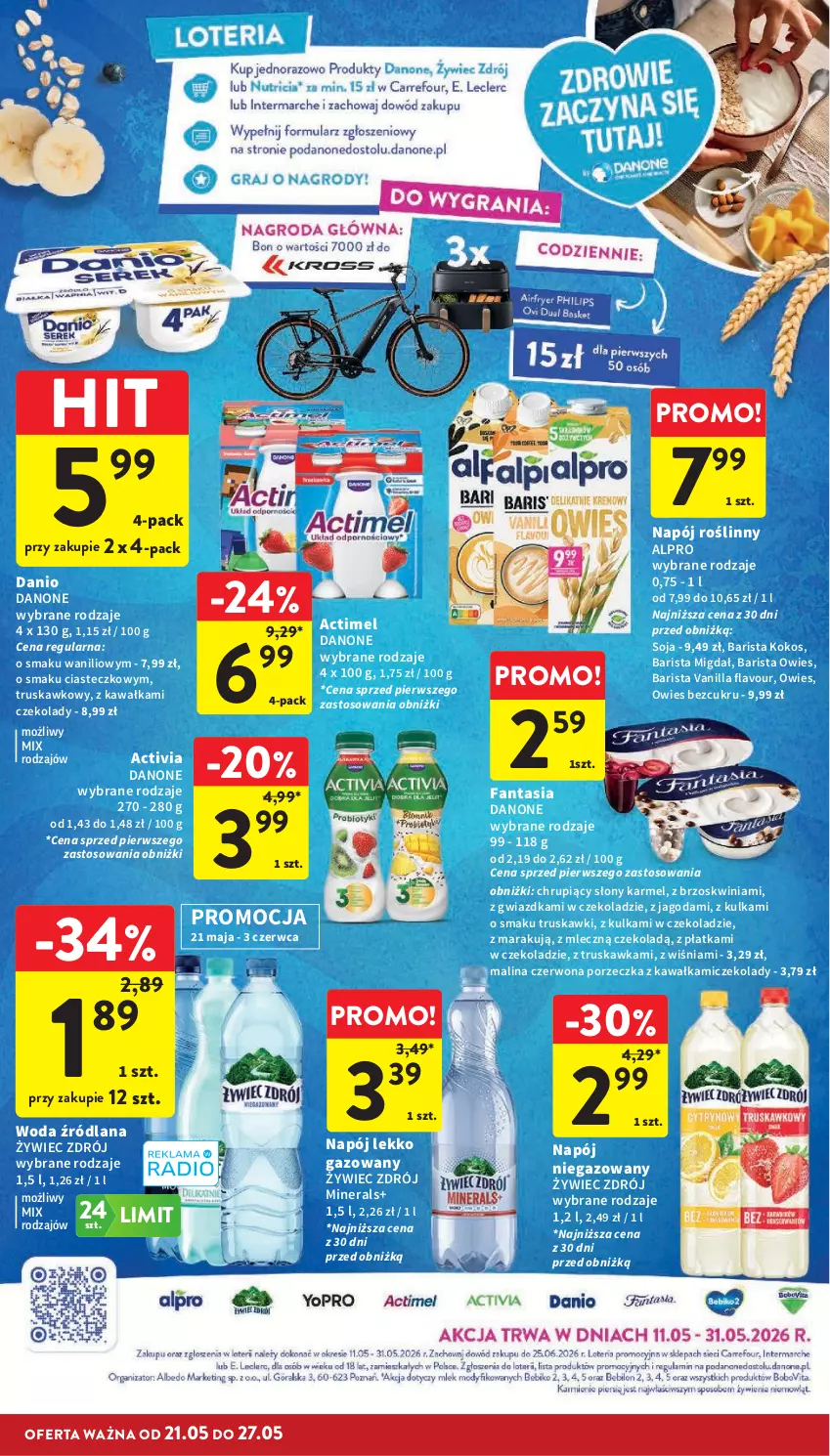 Gazetka promocyjna Intermarche - Gazetka Intermarche - ważna 21.05 do 27.05.2026 - strona 34 - produkty: Actimel, Activia, Alpro, Danio, Danone, Fa, Fanta, Kawa, Kokos, LANA, Napój, Napój niegazowany, Napój roślinny, Por, Truskawki, Woda