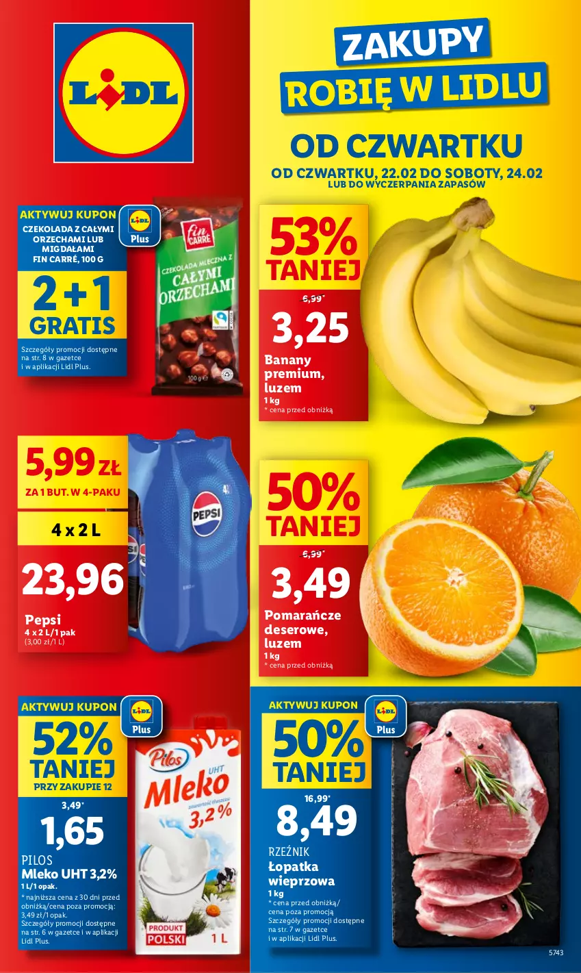 Gazetka promocyjna Lidl - GAZETKA - ważna 22.02 do 24.02.2024 - strona 1 - produkty: Banany, Czekolada, Deser, Gra, Mleko, Pepsi, Pilos, Pomarańcze, Ser