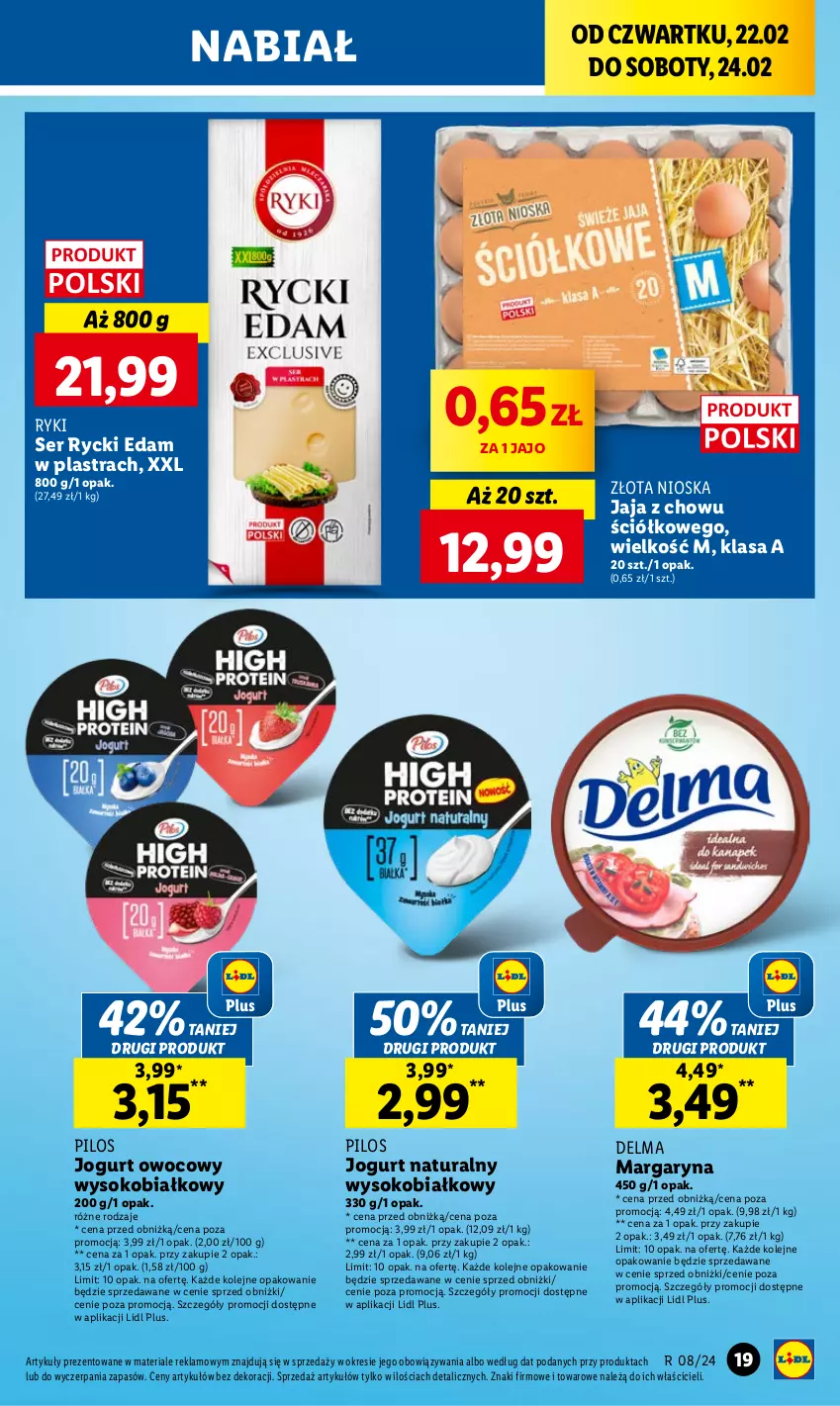 Gazetka promocyjna Lidl - GAZETKA - ważna 22.02 do 24.02.2024 - strona 23 - produkty: Delma, Edam, Jaja, Jogurt, Jogurt naturalny, Jogurt owocowy, Margaryna, Olej, Pilos, Rycki Edam, Ser, Sok