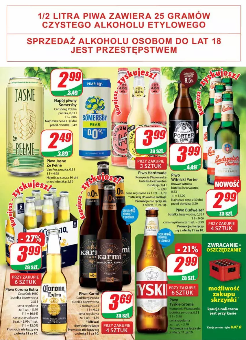 Gazetka promocyjna Dino - Gazetka 33 - ważna 16.08 do 22.08.2023 - strona 17 - produkty: Carlsberg, Corona Extra, Fa, Karmi, Napój, Piwo, Piwo jasne, Por, Pur, Ser, Somersby