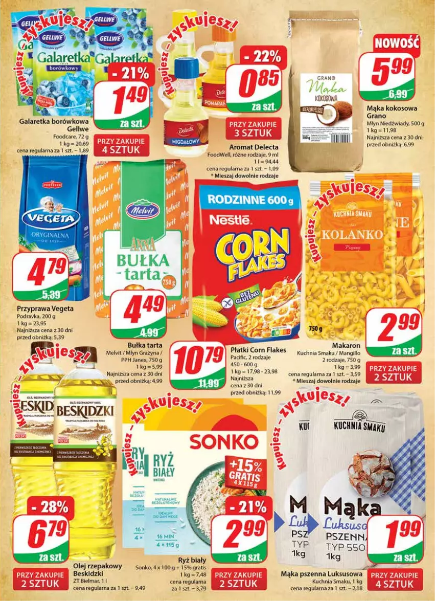 Gazetka promocyjna Dino - Gazetka 33 - ważna 16.08 do 22.08.2023 - strona 5 - produkty: Beskidzki, Bułka, Bułka tarta, Cif, Corn flakes, Delecta, Gala, Galaretka, Gra, Koc, Kokos, Kuchnia, LG, Mąka, Mąka pszenna, Makaron, Melvit, Olej, Olej rzepakowy, Podravka, Ryż, Ryż biały, Sonko, Tarta, Vegeta