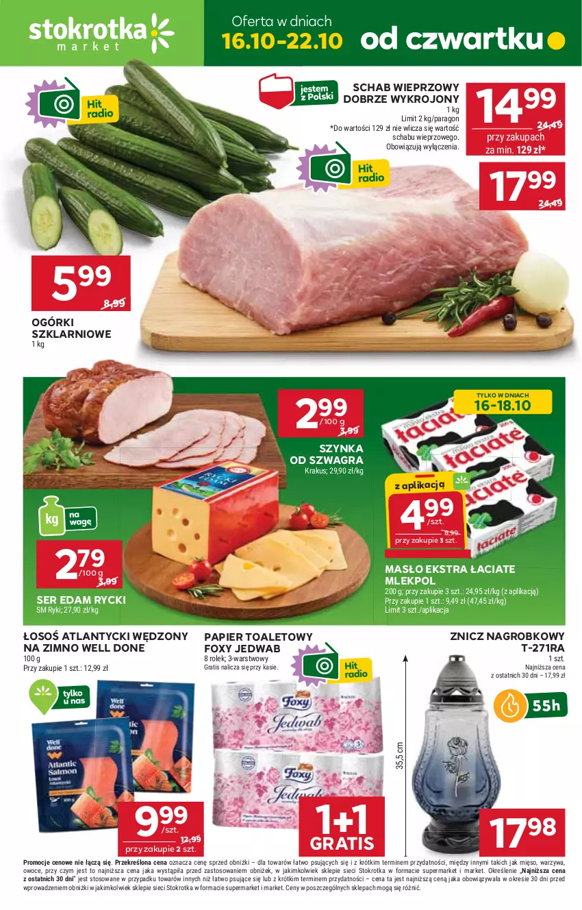 Gazetka promocyjna Stokrotka - Market - ważna 16.10 do 22.10.2025 - strona 1 - produkty: Edam, Foxy, Gra, Krakus, Masło, Mięso, Owoce, Papier, Papier toaletowy, Schab wieprzowy, Ser, Szynka, Warzywa, Znicz