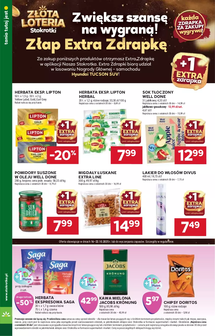 Gazetka promocyjna Stokrotka - Market - ważna 16.10 do 22.10.2025 - strona 18 - produkty: Chipsy, Earl Grey, Gra, Gry, Herbata, Jacobs, Jacobs Krönung, Kawa, Lakier, Lakier do włosów, Lipton, Mięso, Migdały, Migdały łuskane, Olej, Owoce, Pomidory, Saga, Sok, Warzywa