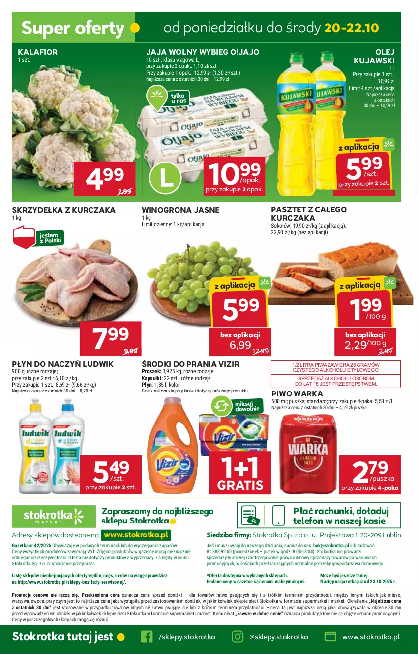 Gazetka promocyjna Stokrotka - Market - ważna 16.10 do 22.10.2025 - strona 24 - produkty: Dres, Gra, Jaja, JBL, Kalafior, Kujawski, Kurczak, Ludwik, Mięso, O nas, Olej, Owoce, Pasztet, Piwa, Piwo, Ser, Skrzydełka z kurczaka, Sok, Sokołów, Telefon, Vizir, Wagi, Warka, Warzywa, Wino, Winogrona