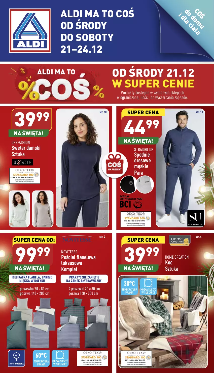 Gazetka promocyjna Aldi - Zaplanuj zakupy wcześniej - ważna 21.12 do 24.12.2022 - strona 1 - produkty: Dres, Fa, Gra, Koc, Pościel, Pościel flanelowa, Poszewka, Spodnie, Spodnie dresowe, Sweter, Wełna