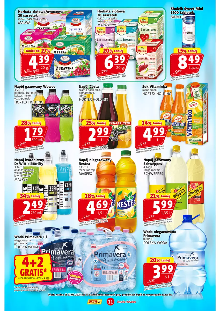 Gazetka promocyjna Prim Market - ważna 11.09 do 17.09.2025 - strona 11 - produkty: Ananas, Gra, Herbata, Hortex, LG, Liczi, Limonka, Melon, Mięta, Napój, Napój gazowany, Napój izotoniczny, Nestea, Pomelo, Por, Prima, Primavera, Schweppes, Sok, Tablet, Woda