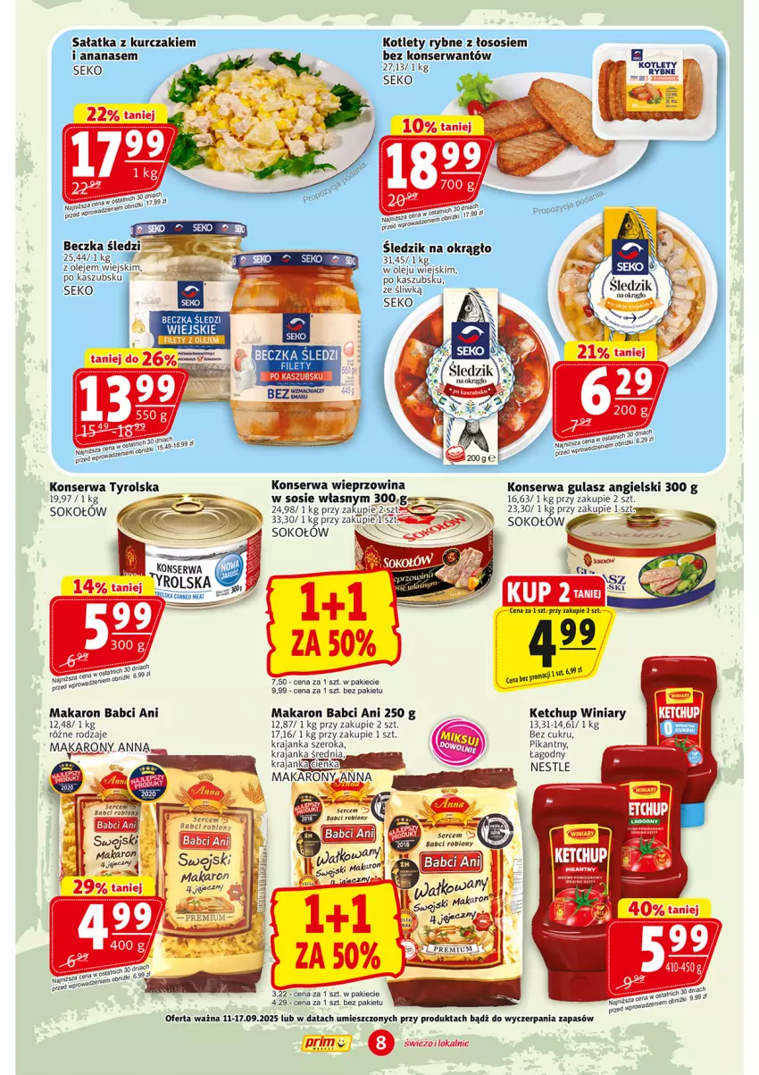 Gazetka promocyjna Prim Market - ważna 11.09 do 17.09.2025 - strona 8 - produkty: Ananas, Ketchup, Kotlet, Kurczak, Makaron, Olej, Sałat, Sałatka, SEKO, Ser, Sok, Sokołów, Sos, Wieprzowina, Winiary