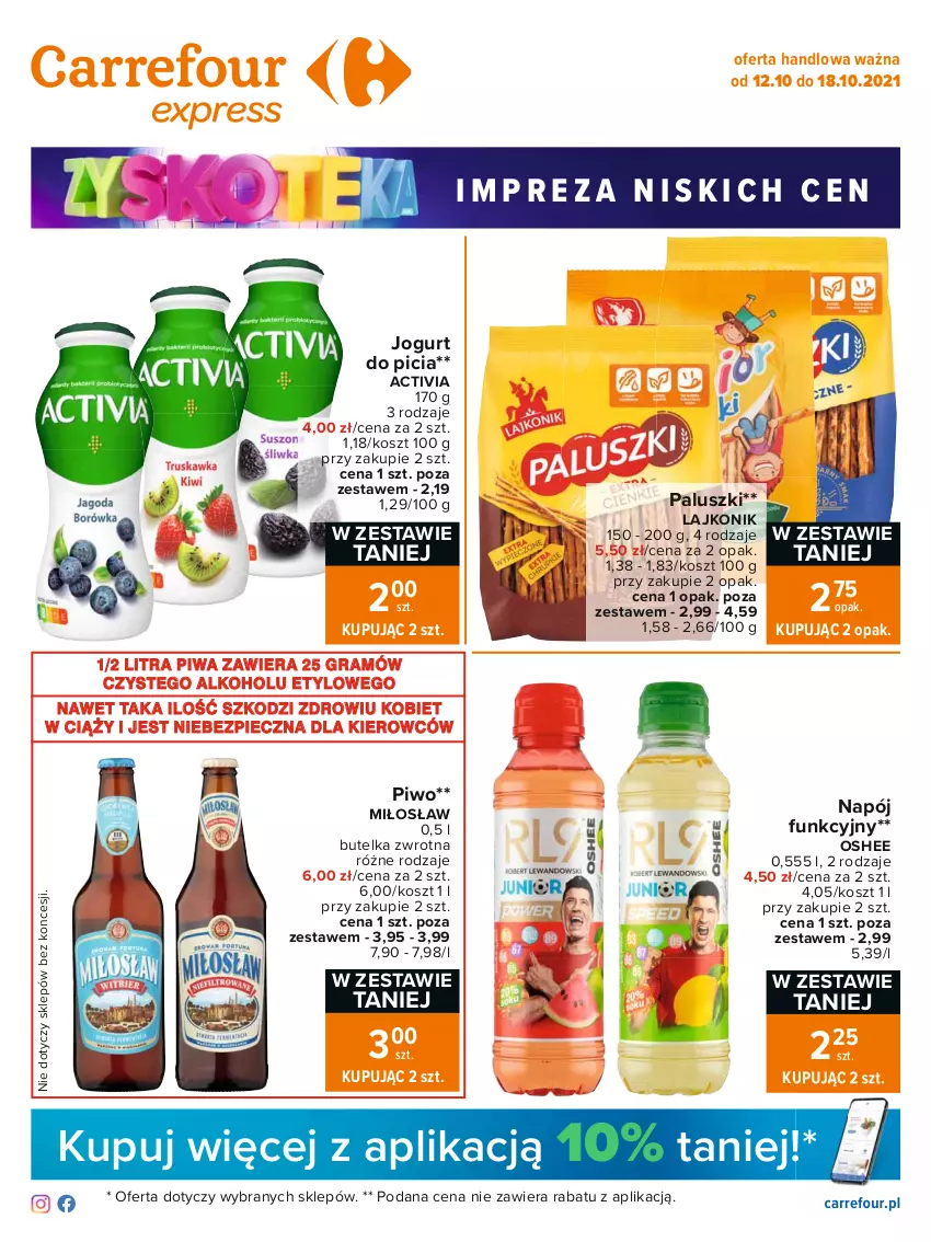 Gazetka promocyjna Carrefour - Gazetka Express - ważna 12.10 do 18.10.2021 - strona 1 - produkty: Activia, Gra, Jogurt, Kosz, Lajkonik, Napój, Oshee, Piec, Piwa, Piwo