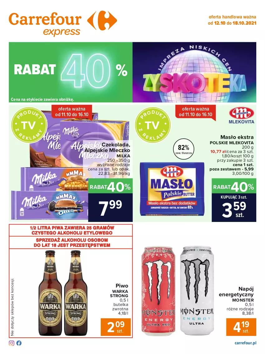 Gazetka promocyjna Carrefour - Gazetka Express - ważna 12.10 do 18.10.2021 - strona 2 - produkty: Czekolada, Gra, Kosz, Masło, Milka, Mleczko, Mleko, Mlekovita, Napój, Napój energetyczny, Piwa, Piwo, Warka