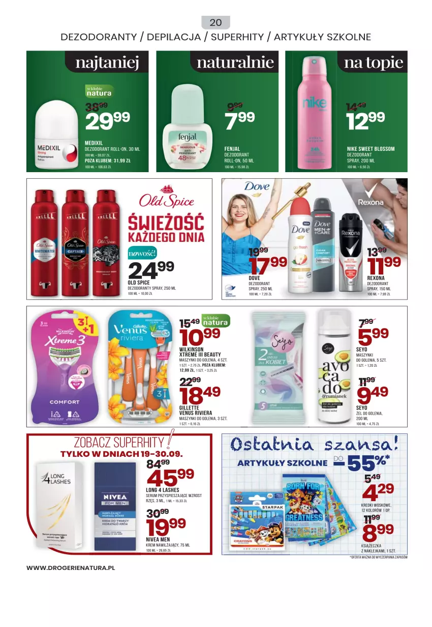 Gazetka promocyjna Drogerie Natura - Gazetka Drogerie Natura - ważna 01.09 do 30.09.2022 - strona 20 - produkty: Dezodorant, Gillette, Klej, Krem nawilżający, Long 4 Lashes, Nike, Nivea, Nivea Men, Old Spice, Rexona, Rum, Ser, Serum, Top, Venus