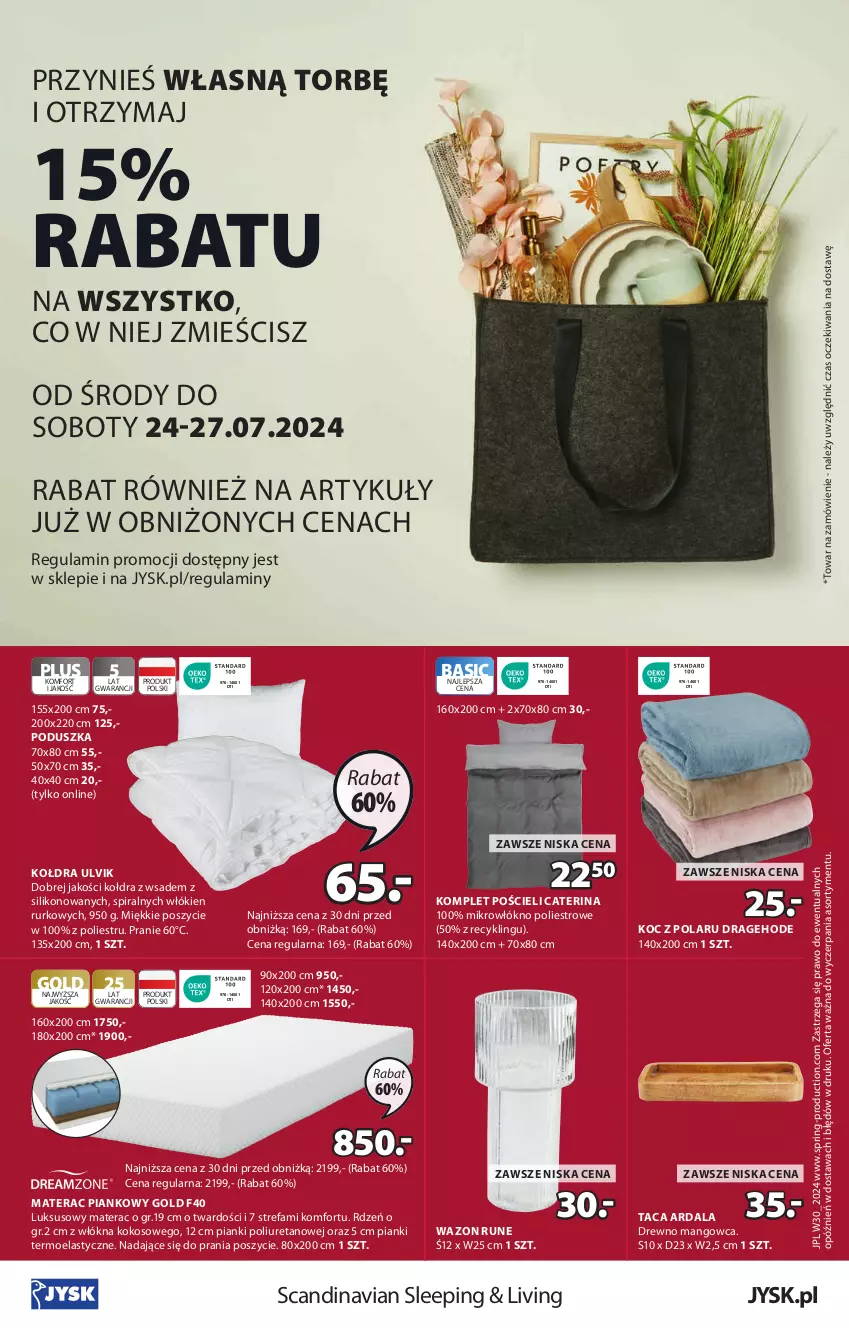 Gazetka promocyjna Jysk - Oferta tygodnia - ważna 24.07 do 11.08.2024 - strona 17 - produkty: Fa, Koc, Kokos, Kołdra, Komplet pościeli, Mango, Materac, Materac piankowy, Poduszka, Pościel, Taca, Tera, Wazon