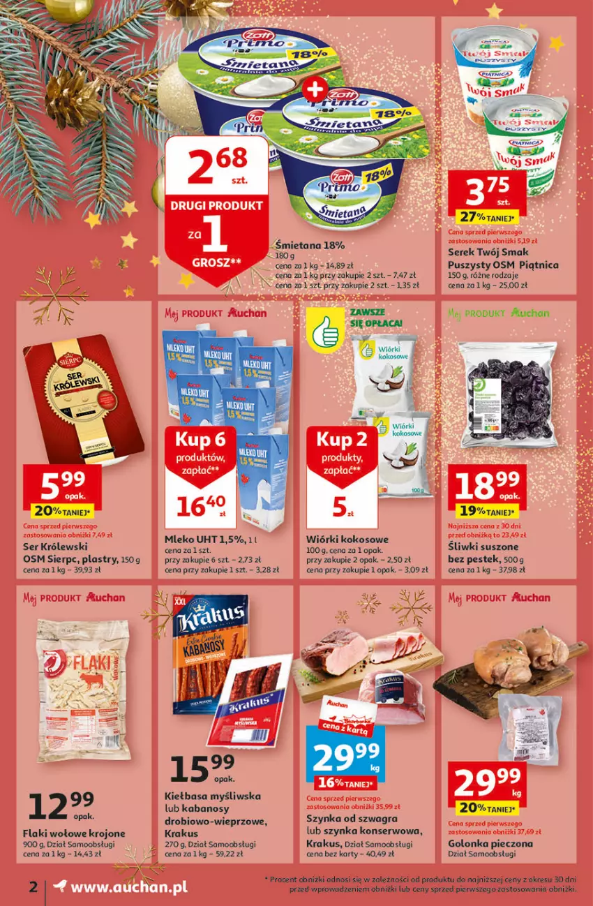 Gazetka promocyjna Auchan - Gazetka Magia Świąt Część 3 Moje Auchan - ważna 30.11 do 06.12.2023 - strona 2 - produkty: Flaki, Flaki wołowe, Golonka pieczona, Gra, Kabanos, Kiełbasa, Kokos, Krakus, Królewski, Mleko, Piątnica, Piec, Ser, Serek, Stek, Szynka, Szynka konserwowa, Twój Smak, Wiórki kokosowe