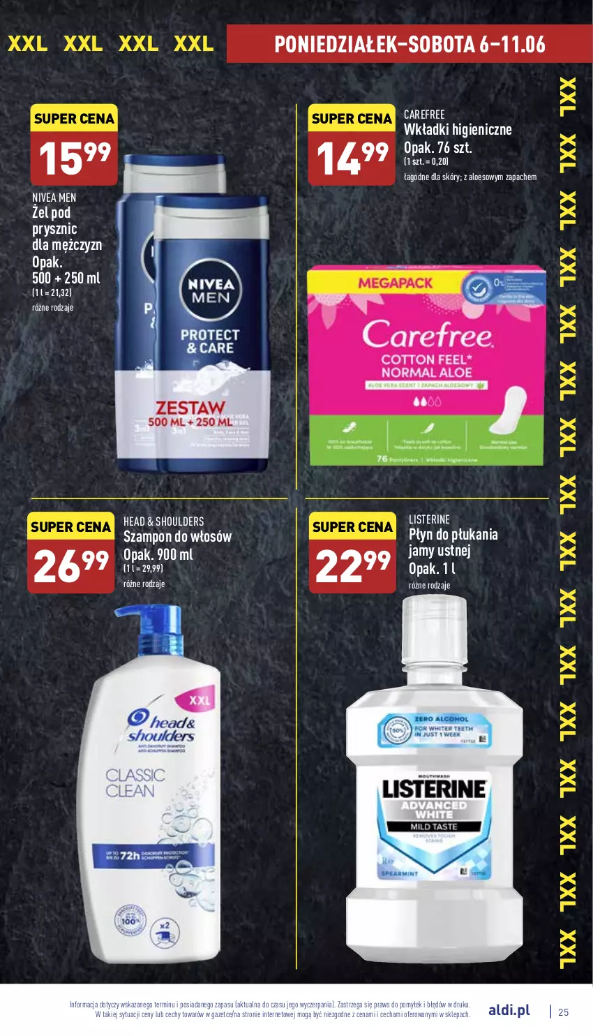 Gazetka promocyjna Aldi - Katalog spożywczy - ważna 06.06 do 11.06.2022 - strona 25 - produkty: Carefree, Listerine, Nivea, Nivea Men, Płyn do płukania, Płyn do płukania jamy ustnej, Szampon, Wkładki