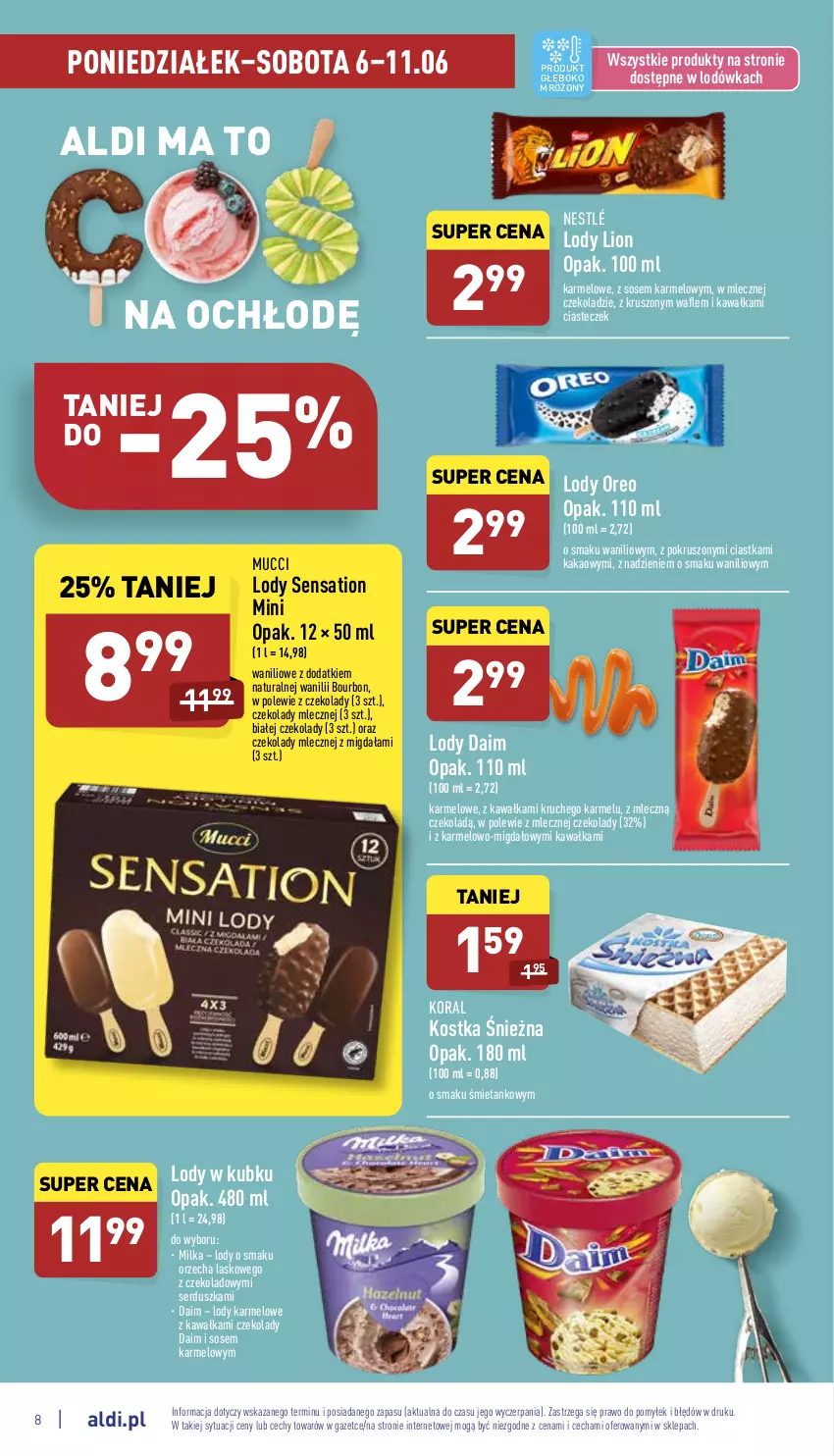 Gazetka promocyjna Aldi - Katalog spożywczy - ważna 06.06 do 11.06.2022 - strona 8 - produkty: Bourbon, Ciastka, Kakao, Kawa, Lion, Lodówka, Lody, Milka, Nestlé, Oreo, Sati, Ser, Sos, Wafle