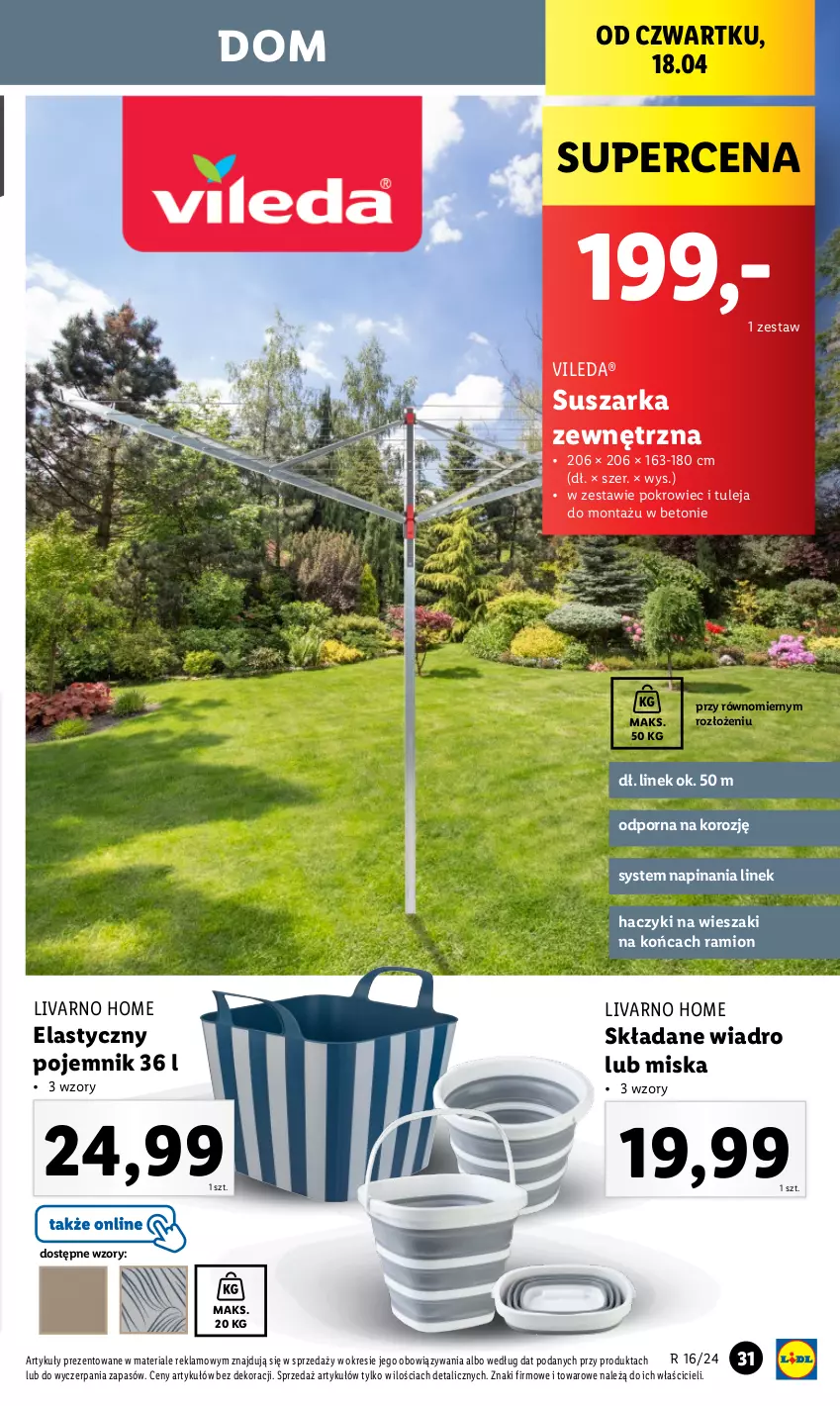 Gazetka promocyjna Lidl - GAZETKA - ważna 15.04 do 20.04.2024 - strona 35 - produkty: Haczyk, Ivar, Miska, Pojemnik, Pokrowiec, Por, Suszarka, Vileda, Wiadro, Wieszak