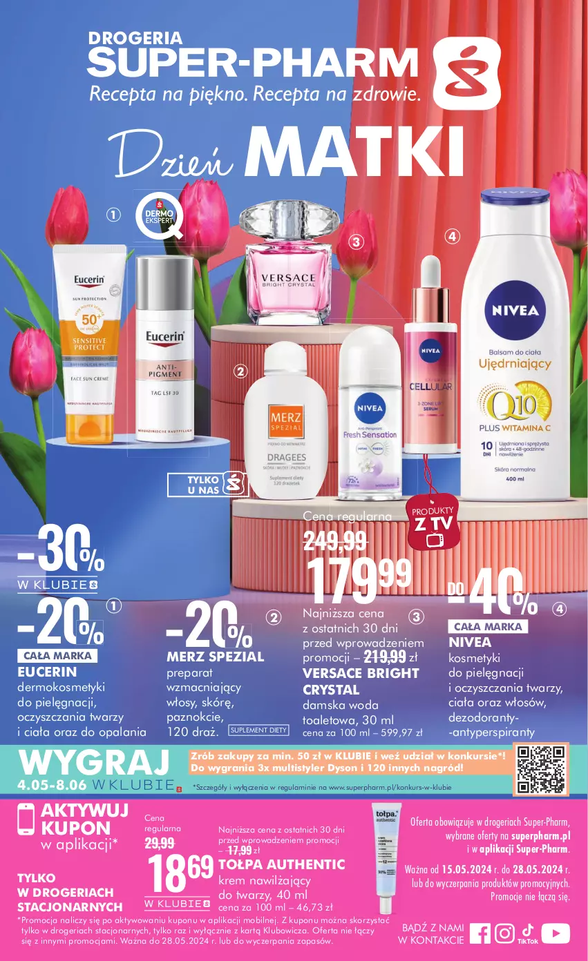 Gazetka promocyjna Super Pharm - Gazetka - ważna 15.05 do 28.05.2024 - strona 1 - produkty: Antyperspirant, Dezodorant, Gra, Kosmetyki do pielęgnacji, Krem nawilżający, Merz Spezial, Mobil, Nivea, Suplement diety, Tołpa, Versace, Woda, Woda toaletowa